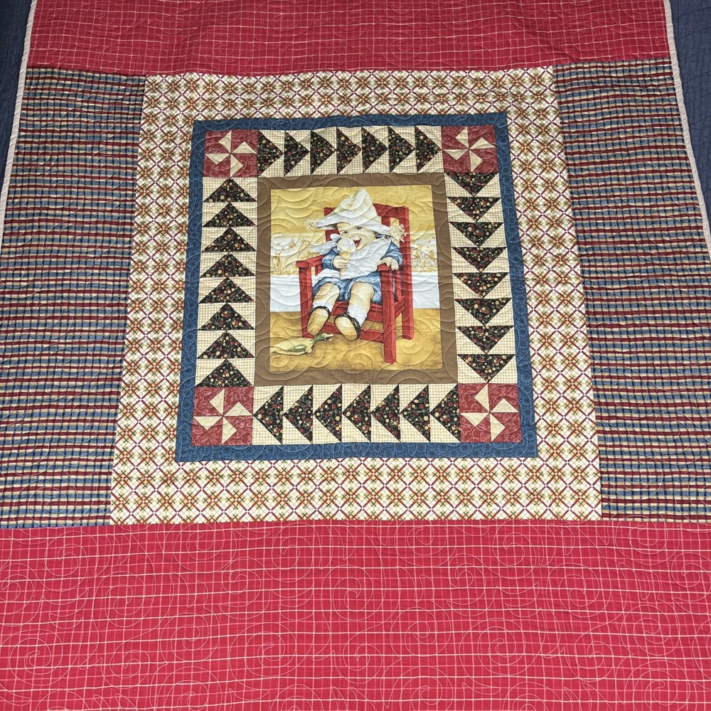 Handmade Patchwork Quilt Child Ice Cream Red Blue 58x49 Flying Geese Pinwheel